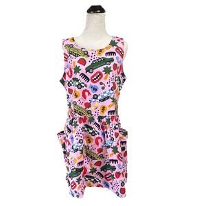 Nooworks Pink Novelty Print Drop Waist Dress Sleeveless Pockets Large New Tag